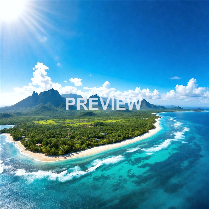 An aerial view of a tropical island with lush green forests, white sandy beaches, and turquoise waters, with mountains in the background under a bright sunny sky.